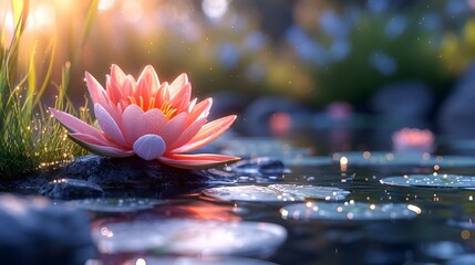 AI generated illustration of a beautiful lotus flower in full bloom surrounded by serene water