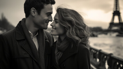 A romantic moment captured in sepia tones, with a couple nose-to-nose, smiling tenderly, with the Eiffel Tower blurred in the background