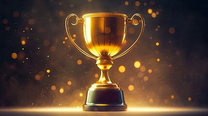Gold trophy on dark background with golden particles around. Postproducted generative AI illustration.