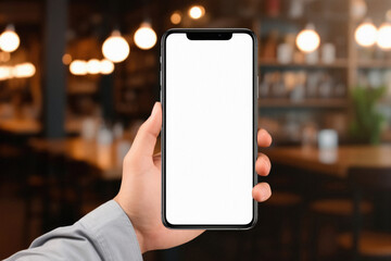 Mockup of a hand holding smartphone with white screen in cafe