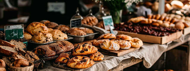 Various buns and baked breads on a market counter. Selective focus.