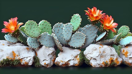 AI generated illustration of a vibrant and unique cactus adorned with beautiful flowers - obrazy, fototapety, plakaty