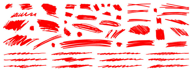 Red vector underlines, marker lines and squiggles. Hand-drawn swooshes, waves, circles, boxes. Freehand pen strokes, scratches, swishes. Paint stroke under lines, scribbles, squiggly grunge splashes - 709588676