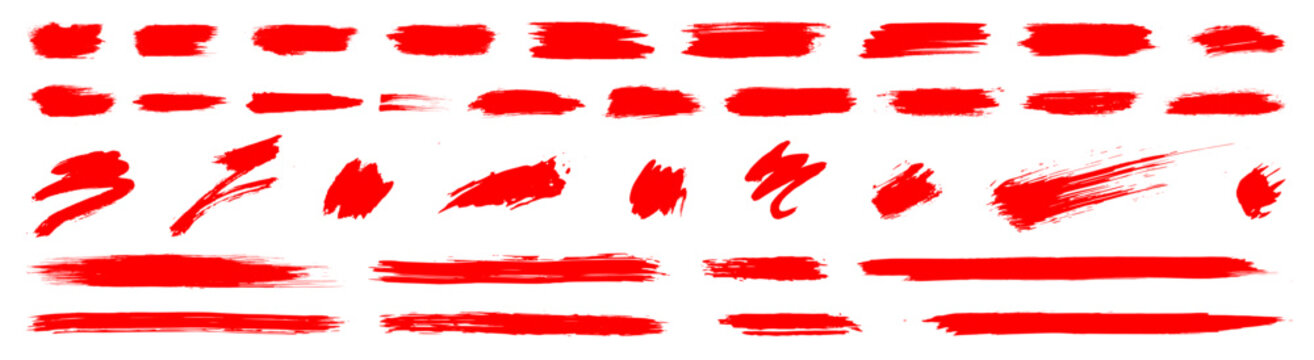 Red vector underlines, marker lines and squiggles. Hand-drawn swooshes, waves, circles, boxes. Freehand pen strokes, scratches, swishes. Paint stroke under lines, scribbles, squiggly grunge splashes