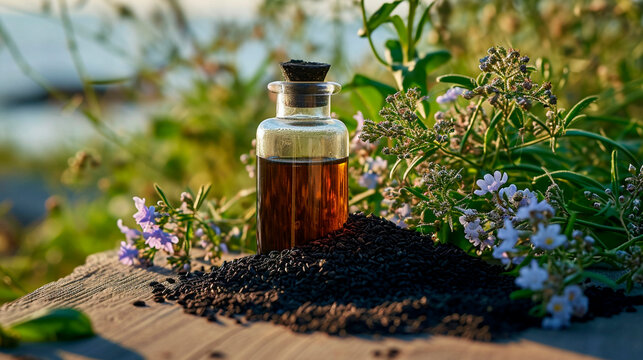 Black cumin oil on the table. Selective focus.