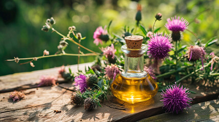 Milk thistle oil on a table in the garden. Selective focus. - obrazy, fototapety, plakaty
