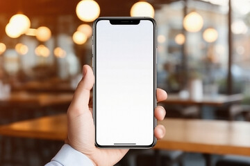 Mockup of a hand holding a smartphone with blank white screen in a cafe