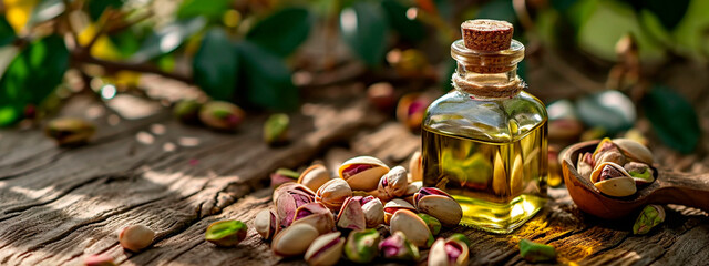 Pistachio oil on a table in the garden. Selective focus. - obrazy, fototapety, plakaty