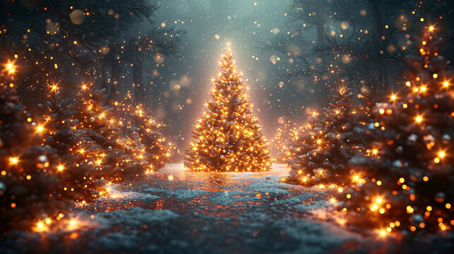 Generative AI. A glowing Christmas tree amidst snowy pines under a starry night sky.