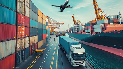Global business logistic and transportation import export goods. Container cargo freight ship at...