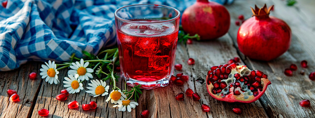 Pomegranate juice on the table. Selective focus. - obrazy, fototapety, plakaty