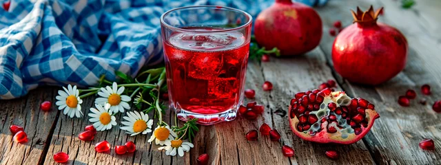Poster Pomegranate juice on the table. Selective focus. © yanadjan