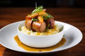 side view of a steaming dish of bangers and mash