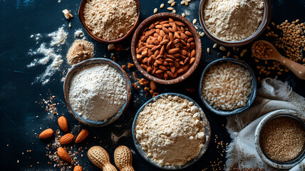 Various gluten-free flours and nuts. Selective focus.