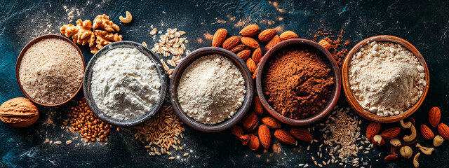 Various gluten-free flours and nuts. Selective focus. - obrazy, fototapety, plakaty