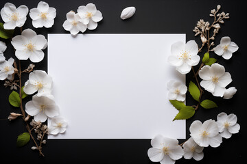 Blank white invitation card empty on black background with white flowers