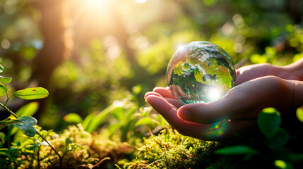 glass ball in hands on a background of nature. Selective focus. - obrazy, fototapety, plakaty