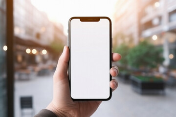 Male hand holding smartphone with blank screen on blurred background. mock up