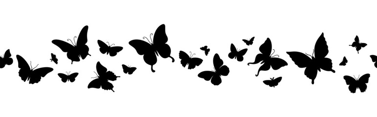 utterfly border. Seamless horizontal butterflies frame, flying moths black silhouettes group. Cute exotic insect flock. Vector isolated element - obrazy, fototapety, plakaty