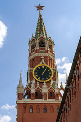 View of the Spasskaya Tower of the Moscow Kremlin from the side of the Lenin Mausoleum.