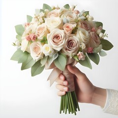 Hand holding a bouquet of pastel colored roses, valentine, love , romance, concept, isolated, white background
