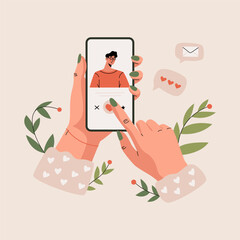 Hands with phone using online dating app. Woman hands holding smartphone for chat and message, virtual dating and love concept. Vector flat illustration