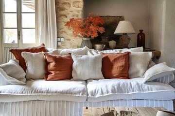 Cozy Fabric Sofa Adorned With White And Terra Cotta Pillows In French Country Home