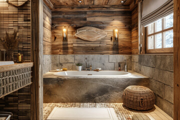 Cozy And Natural Bathroom With Wooden Accents, Including Bathtub, Designed For Comfort And Style