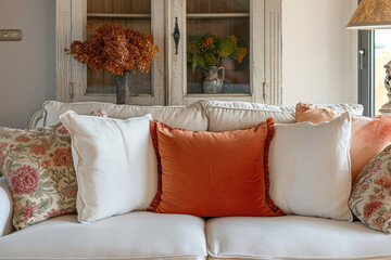 French Country Home Featuring A Cozy Fabric Sofa Accented With White And Terra Cotta Pillows