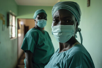 Fototapeta na wymiar Exhausted African Nurse And Doctor Face Burnout On Frontlines Of Covid