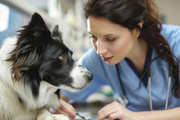 Female Vet Nurse Examining Border Collie At Veterinary Clinic