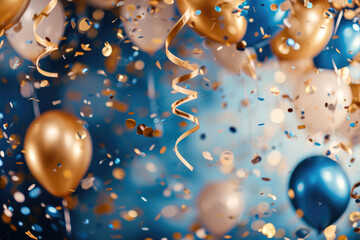 Obraz na płótnie Canvas Creating A Festive Holiday Background With Golden And Blue Metallic Balloons, Confetti, And Ribbons
