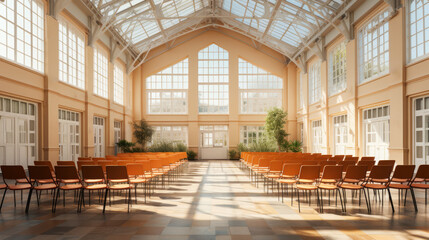 Bright atrium conference space with orange chairs and natural light. Open space concept. Generative AI - obrazy, fototapety, plakaty