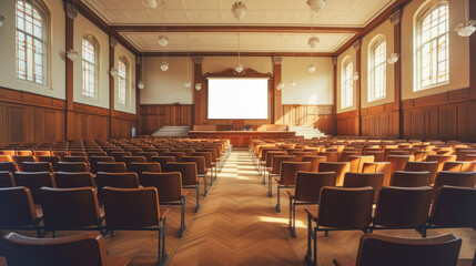 Spacious traditional lecture hall with stained glass windows and wooden panels. Education concept. Generative AI