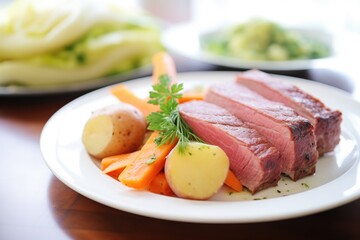 corned beef and cabbage with carrots and potatoes - obrazy, fototapety, plakaty
