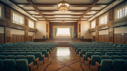 Stately auditorium with teal seating and wooden paneling. Educational setting concept. Generative AI