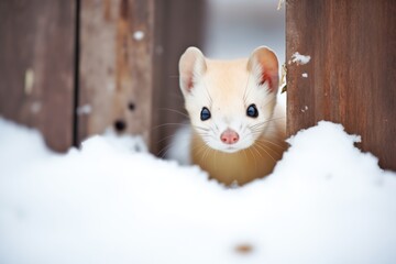 ermine peeking out from snowy hideout