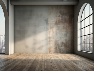 Modern arched window interior with distressed wall and hardwood floor. Urban architecture. Generative AI