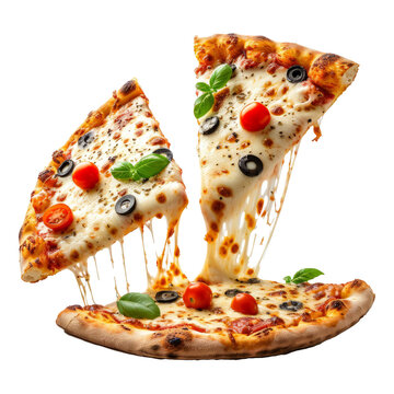 Two slices of pizza with melted cheese and ingredients in the air
