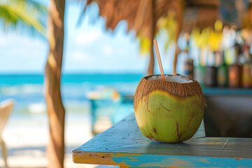 Refreshing Coconut Drink With Straw On Beach Bar Counter