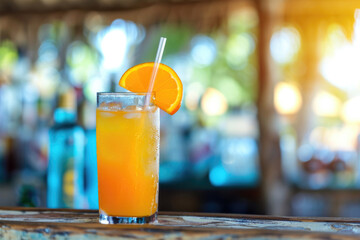 Tropical Beach Bar Vibes: Refreshing Orange Cocktail With Slice And Straw
