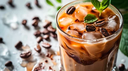 Foto op Plexiglas cold coffee with milk in a glass. Selective focus. © yanadjan