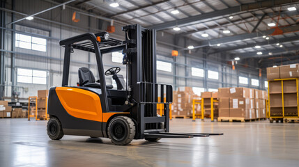 Modern orange forklift in a bright warehouse, logistics and distribution. Generative AI