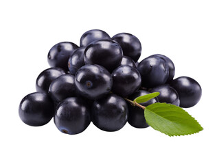 A pile of shiny acai berries with a green leaf, symbolising health and nutrition.