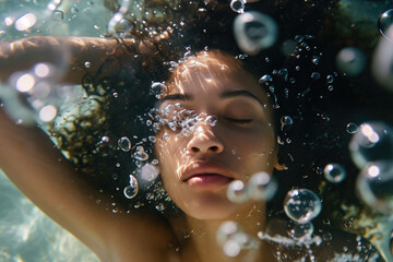 Stunning Underwater Portrait Of Model, Surrounded By Bubbles, For Advertisements