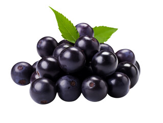 Fototapeta premium A pile of shiny acai berries with a green leaf, symbolising health and nutrition.