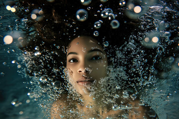 Captivating Underwater Portrait: Model Enveloped In Bubbles, Perfect For Advertisements