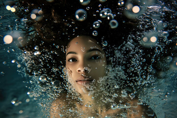 Obraz premium Captivating Underwater Portrait: Model Enveloped In Bubbles, Perfect For Advertisements