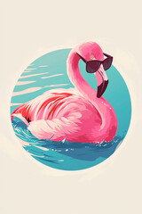 Pink flamingo with glasses drawing. Selective focus.