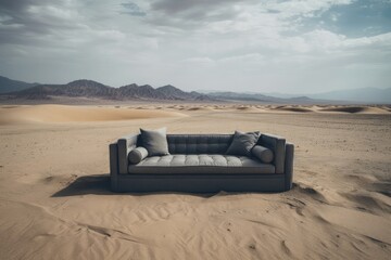 Fototapeta na wymiar Surreal desert landscape with sofa and cloud on blue sky, dream concept. 